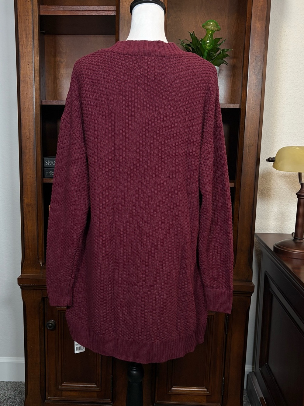Gap Open Front Cardigan Sweater Small Burgundy Waffle Knit Long Sleeve Pockets - Picture 3 of 13
